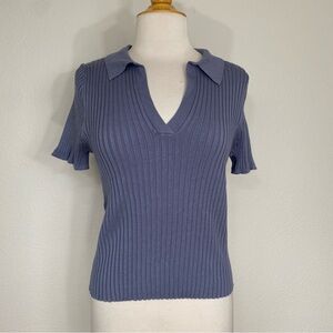 Talent Blue Gray Collared Ribbed V Neck Short Sleeve Soft Stretch Shirt Size 3X